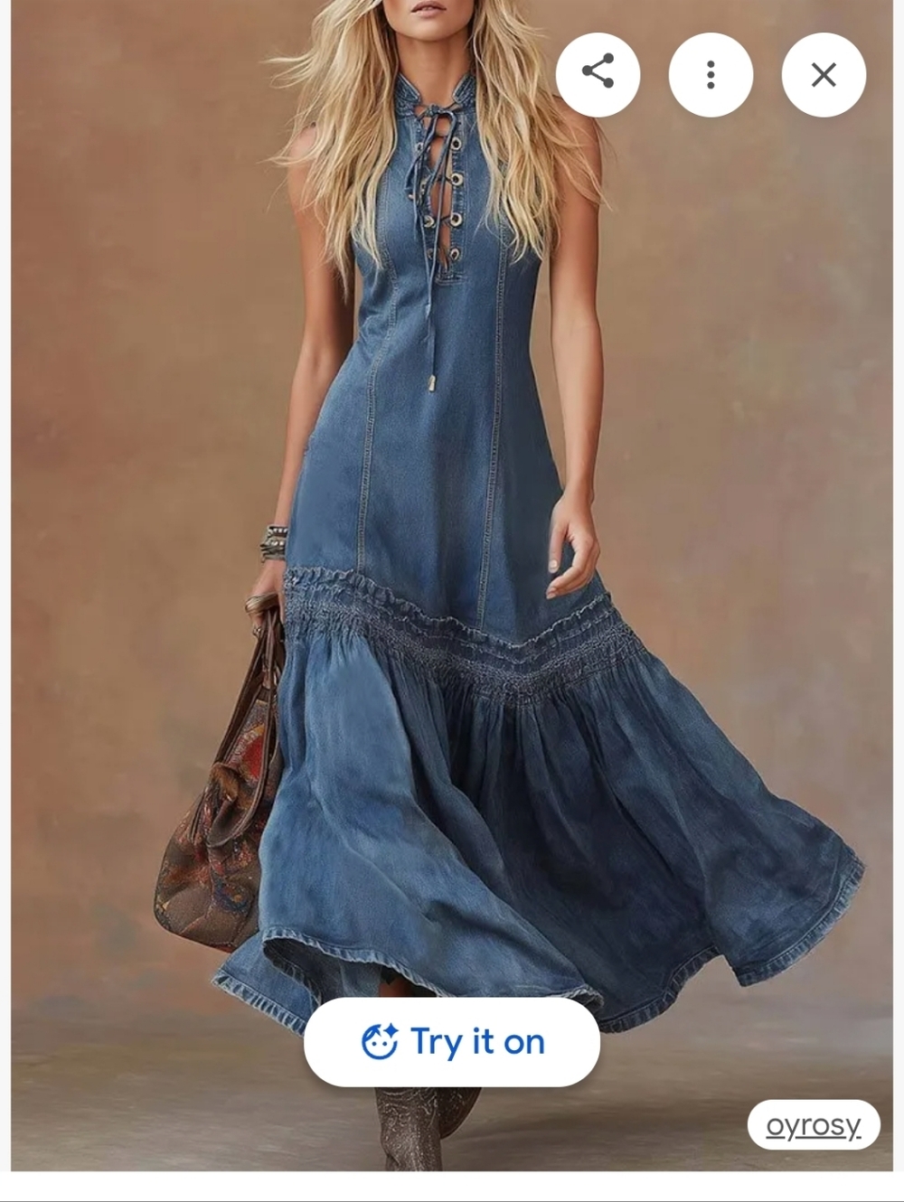 NWT OYROSY Sleeveless Lace-Up Denim Maxi Dress in Dark Wash. L.